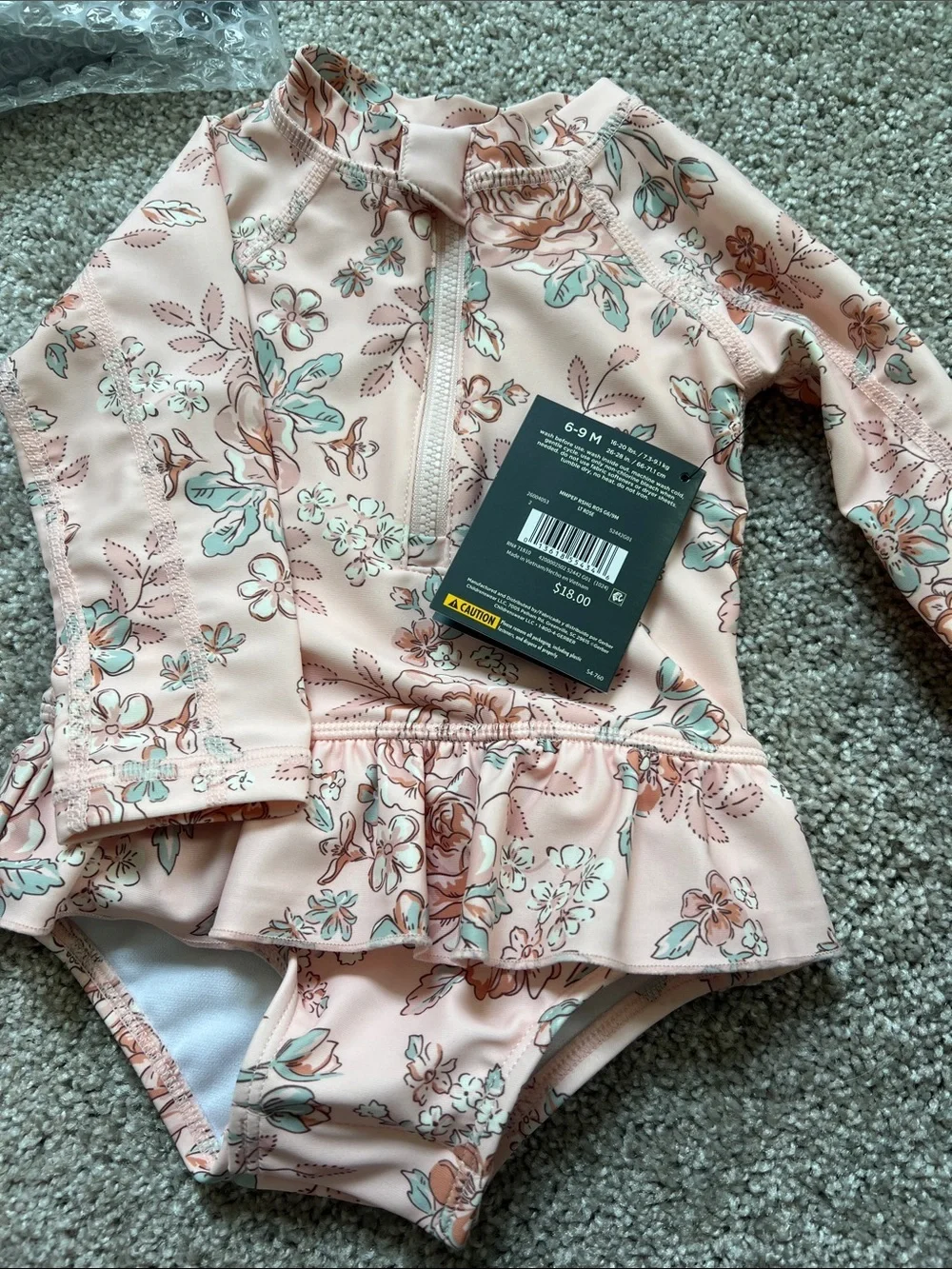 Modex Kids Peach Floral Long-Sleeve One-Piece Swimsuit with Ruffle
